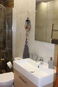 トレビエハにあるCasas Holiday - Miramar IIIのバスルーム(洗面台、トイレ、鏡付)