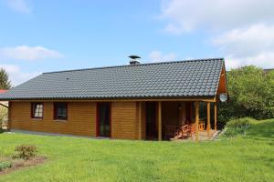 una pequeña casa de madera en un campo de hierba en Ferienhaus Buchholz, en Warnitz