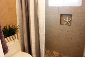 a bathroom with a shower with a starfish on the wall at Latitude 26 Waterfront Boutique Resort - Bonita Springs in Bonita Springs