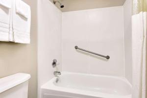 a white bathroom with a shower and a toilet at Super 8 by Wyndham Athens in Athens