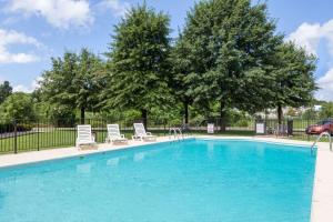 a swimming pool with chairs and trees in a park at Super 8 by Wyndham Harrison AR in Harrison