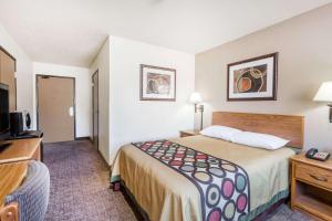 a small hotel room with a bed and a television at Super 8 by Wyndham Lewisburg in Lewisburg