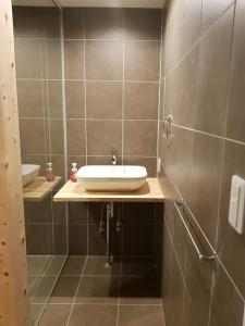 a bathroom with a sink and a tiled wall at Chill Madarao in Iiyama +37 photos
