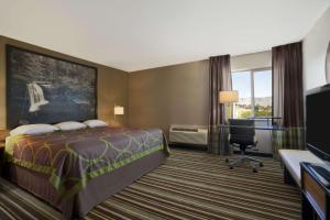 a hotel room with a bed and a television at Super 8 by Wyndham Pocatello in Pocatello