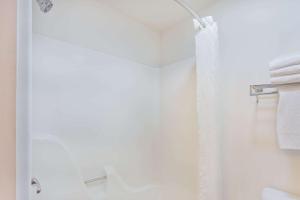 a bathroom with a shower with a shower curtain at Super 8 by Wyndham Rochelle in Rochelle +6 photos