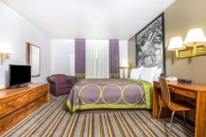 a hotel room with a bed and a desk at Super 8 by Wyndham Buena Vista in Buena Vista