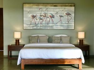 a group of flamingos walking in the water at The Palmyrah House in Mannar