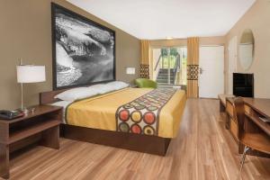 una habitación de hotel con una cama y un escritorio en Super 8 by Wyndham Asheville Airport, en Fletcher 21 fotos más