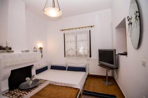 a living room with a fireplace and a tv at Dreaming House in Nea Vrasna