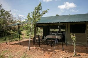 ein Zelt mit einem Tisch und einem Stuhl darin in der Unterkunft Basecamp Wilderness in Naboisho