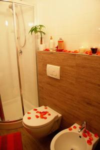 里米尼的住宿－歌劇酒店，浴室设有卫生间和鲜花淋浴。