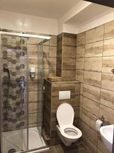 a bathroom with a toilet and a shower and a sink at Penzion Teplanka in Považská Bystrica