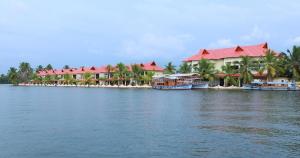 a group of houses on an island in the water at Sterling Lake Palace Alleppey in Alleppey