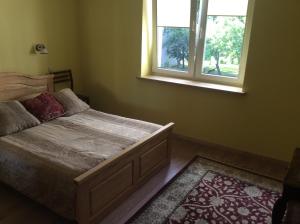 1 dormitorio con cama, ventana y alfombra en Roberto Vila, en Palanga
