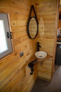 een badkamer met een wastafel en een spiegel aan de muur bij La Maison du Bonheur Roulotte in Saint-Ouen-sous-Bailly