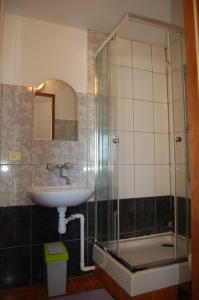 y baño con ducha acristalada y lavamanos. en Małgorzata Pokoje en Sopot