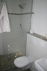 a white bathroom with a toilet and a shower at Ferienwohnung Am See 55 in Bad Saarow
