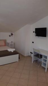 Schlafzimmer mit einem Bett, einem Schreibtisch und einem TV in der Unterkunft Guest House in Palazzo San Gervasio