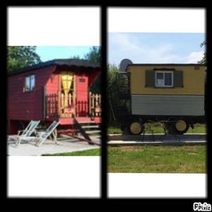 zwei Bilder eines Hauses und eines Zugwagens in der Unterkunft Les Roulottes des Songes de l'Authie in Boufflers