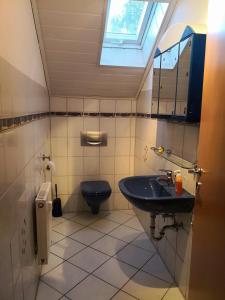 uma casa de banho com um lavatório, um WC e uma janela. em Ferienwohnung Schmeisser em Kirchenpingarten