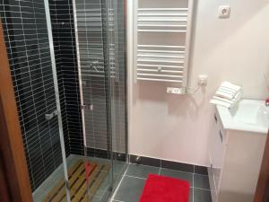 a bathroom with a shower with a red towel at Casa Marquês in Porto
