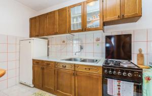 a kitchen with wooden cabinets and a sink and a refrigerator at Apartment Blaza in Senj