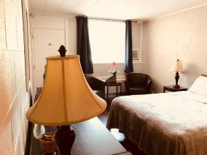 una stanza d'albergo con un letto e una lampada di Manitou Motor Inn a Manitou