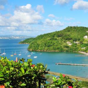 a view of a bay with boats in the water at Le Panoramic in Les Trois-Îlets
