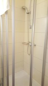 eine Dusche mit Glastür im Bad in der Unterkunft Gasthof Paradiesgartl in Kleinpöchlarn