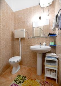 ein Badezimmer mit einem Waschbecken, einem WC und einem Spiegel in der Unterkunft Nadia's house in Pićan
