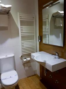 a bathroom with a white toilet and a sink at Hostal Puerta La Villa in Tordesillas