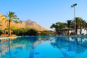 a large swimming pool with a mountain in the background at Ein Gedi Kibbutz Hotel in Ein Gedi