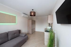 a living room with a couch and a flat screen tv at Gold de luxe Apartman in Hajdúszoboszló