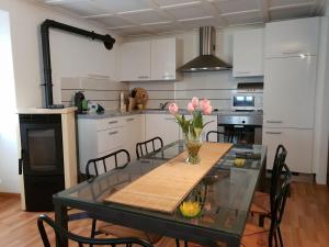 a kitchen with a table with a vase of flowers on it at Appartamento via Luina in Airolo