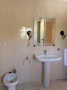 a bathroom with a sink and a mirror and a toilet at Chalet en el Monte con Piscina in Sagunto