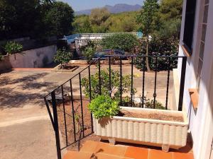 uma varanda com um plantador com plantas em Chalet en el Monte con Piscina em Sagunto