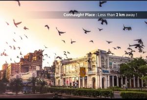 a flock of birds flying in front of a building at Silver Palace Hotel in New Delhi