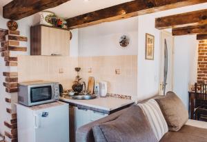 a kitchen with a sink and a microwave at Lviv Amazing Rooftop Apartment in Lviv