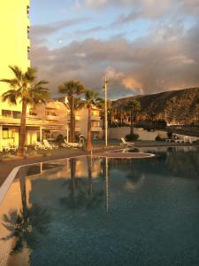 a large swimming pool with palm trees and a building at Amazing View in Los Cristianos in Los Cristianos