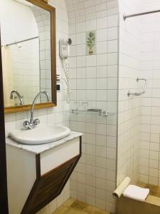 a bathroom with a sink and a shower at Hotel El Relicario Del Carmen in Quito