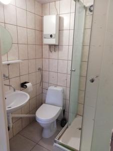 a small bathroom with a toilet and a sink at Domek letniskowy Mauritius in Mielno