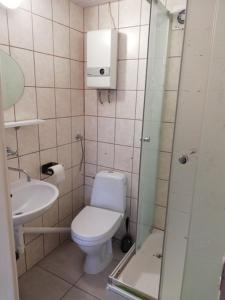 a small bathroom with a toilet and a sink at Domek letniskowy Mauritius in Mielno +5 photos