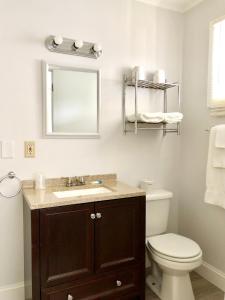 La salle de bains est pourvue de toilettes, d'un lavabo et d'un miroir. dans l'établissement Inn on The Hill, à Lake George