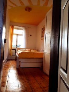 um quarto com uma cama num quarto com uma janela em Zwischen-Rhein-und-Reben, zentral, barrierefrei em Speyer