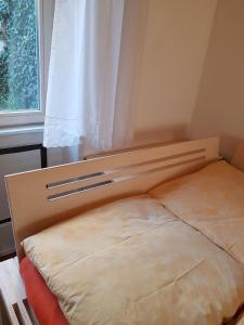 uma cama num pequeno quarto com uma janela em Zwischen-Rhein-und-Reben, zentral, barrierefrei em Speyer