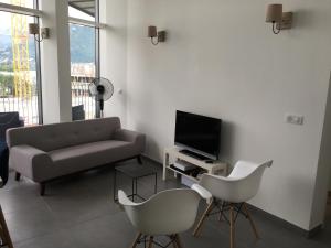 安锡The Boat的客厅里有一张沙发和两把椅子