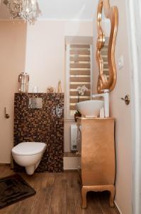 a bathroom with a sink and a toilet and a mirror at Karkonoskie Noce I Dnie in Jelenia Góra