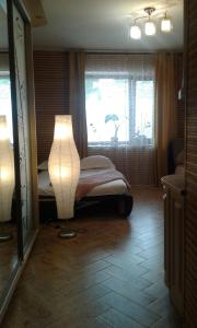 a bedroom with a bed and a lamp in front of a window at Апартаменты-студио in Izmail