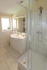 uma casa de banho com um chuveiro e um lavatório. em LE PORTA9 em Albi