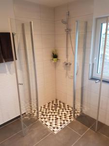 a shower with a glass door and a tile floor at Ferienwohnung Julia in Sankt Aldegund